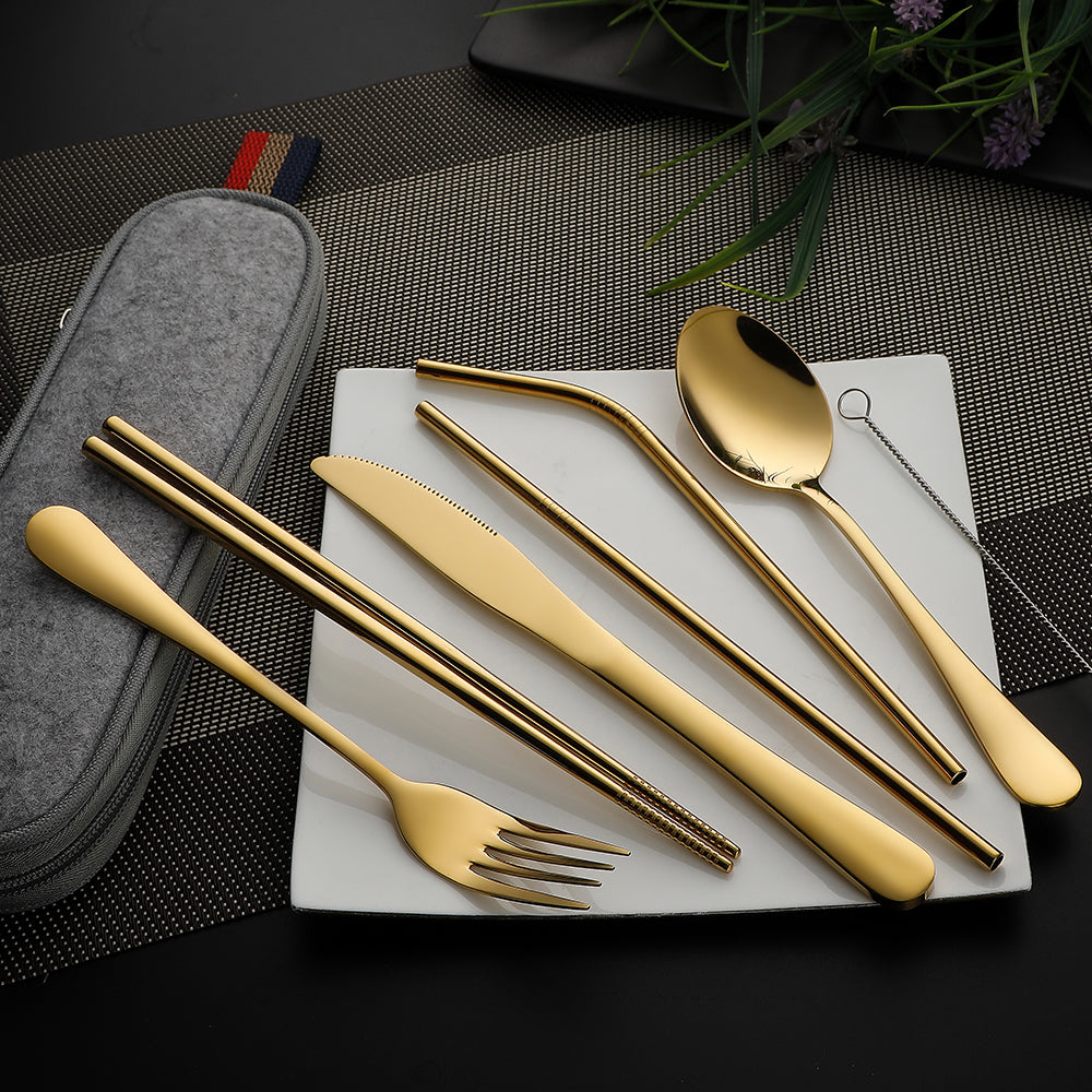 Gold Reusable Utensils with Case Camping Travel Silverware Set,Portable  Stainless Steel Cutlery Set - Matte Flatware Set Knife Fork Spoon Mirror